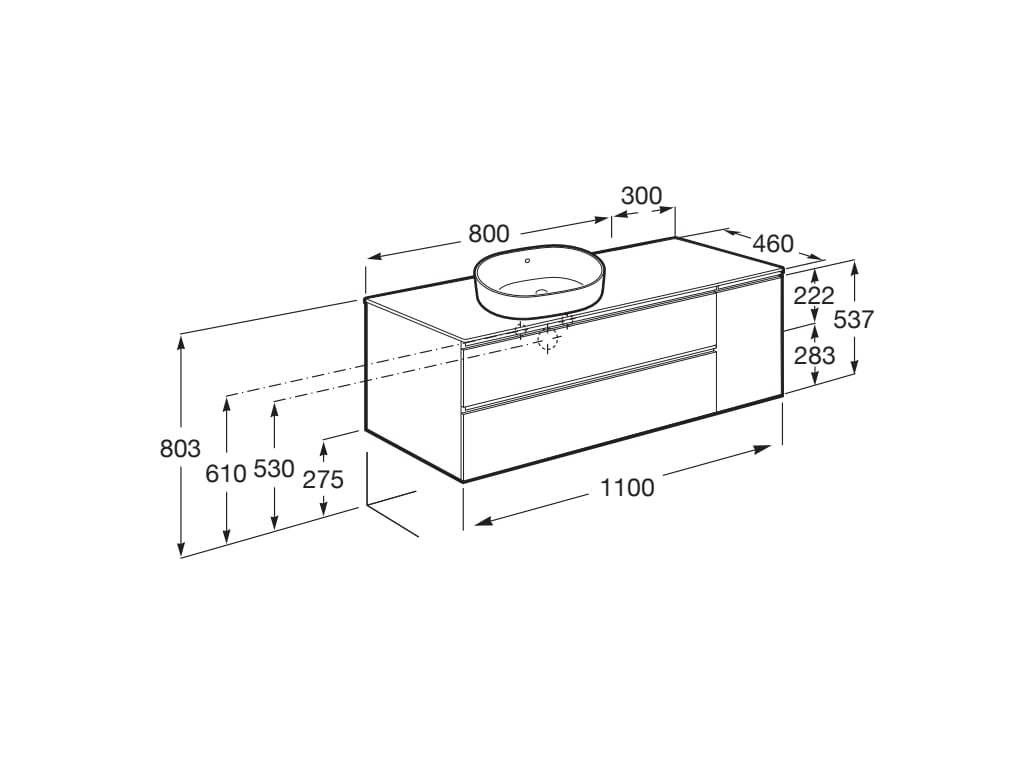 Medidas del mueble base de 2 cajones pour lavabo de sobre encimera THE GAP - ROCA
