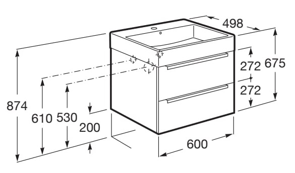 Medidas del pack Unik mueble base + lavabo FINECERAMIC® INSPIRA - ROCA