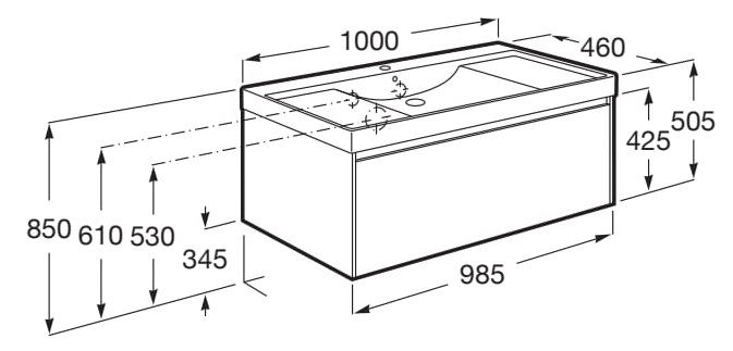 Medidas del pack Unik mueble verde mate de 2 cajón + lavabo ONA - ROCA