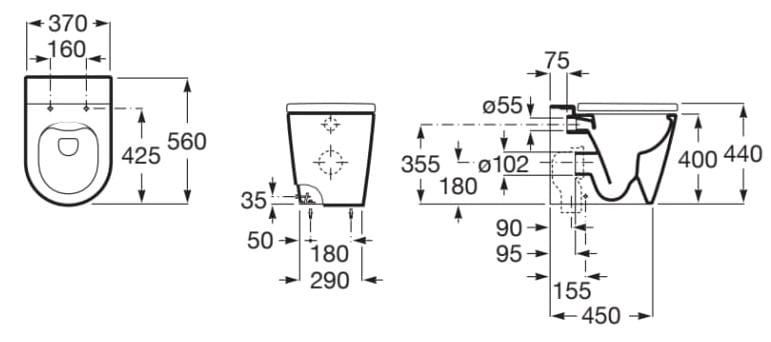 Medidas de la taza Rimless adosada a pared con salida dual para inodoro ROUND INSPIRA - ROCA