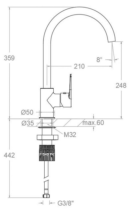 Dimensions du robinet d’évier à bec haut orientable TITANIUM - Ramon Soler