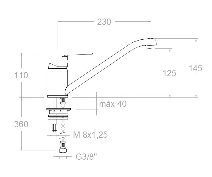 Medidas del grifo monomando de cocina 1809 TITANIUM - RAMÓN SOLER