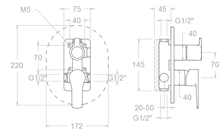 Dimensions du mitigeur encastré pour bain-douche TITANIUM - Ramón Soler