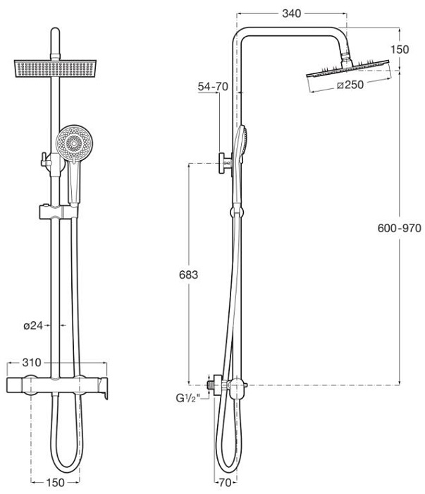 Dimensions de la colonne de douche à hauteur réglable Plus Square VEGA PLUS - ROCA