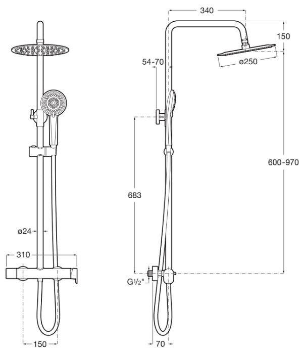 Dimensions de la colonne de douche monocommande à hauteur réglable Plus Round VEGA PLUS - ROCA