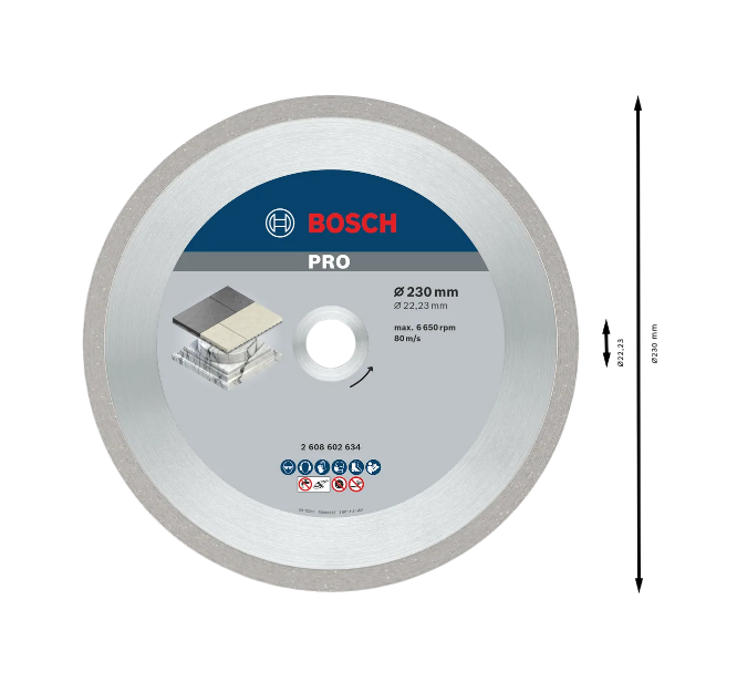 Schéma des dimensions d'un disque à tronçonner diamanté de 230 mm