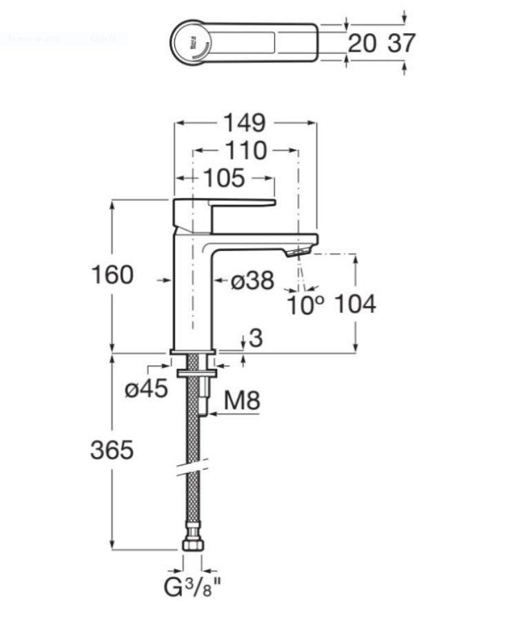 Dimensions du mitigeur de lavabo Targa