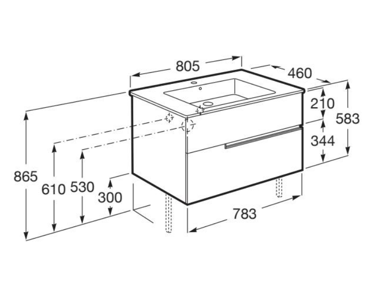 Dimensions du meuble suspendu Unik avec 2 tiroirs et lavabo