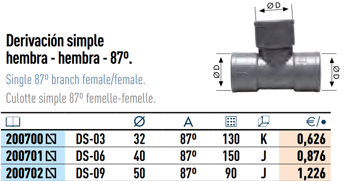 Medidas de la derivación simple H-H 87º - CREARPLAST