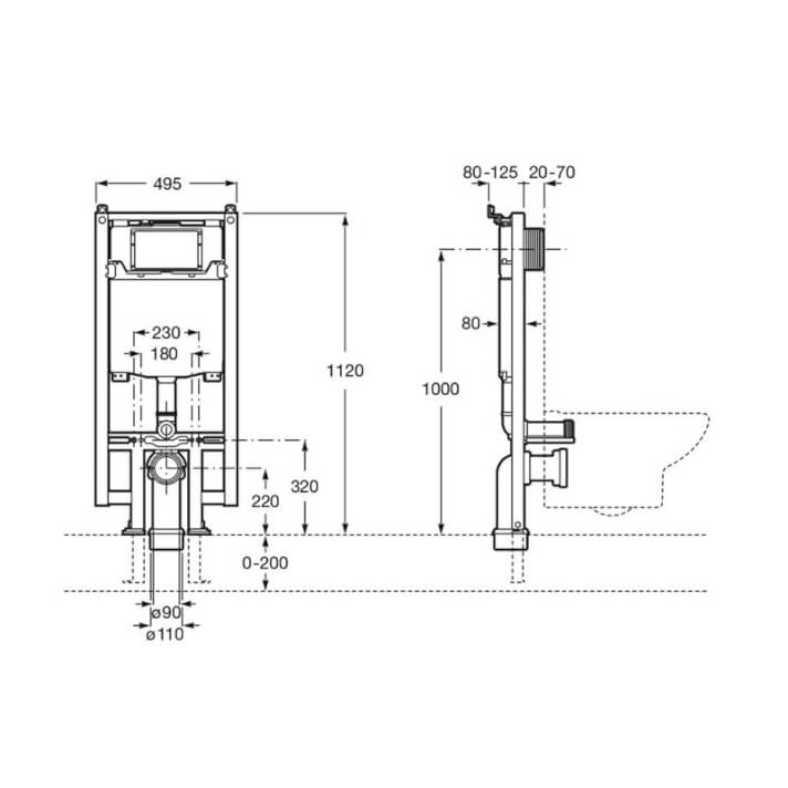 Medidas del bastidor con cisterna compacta empotrable con doble descarga para inodoro suspendido BASIC WC COMPACT - ROCA