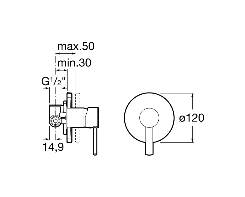 Dimensions du robinet encastré pour baignoire ou douche TARGA - ROCA
