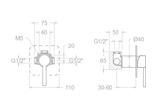 Dimensions du mitigeur de douche encastré DRAKO de Ramón Soler