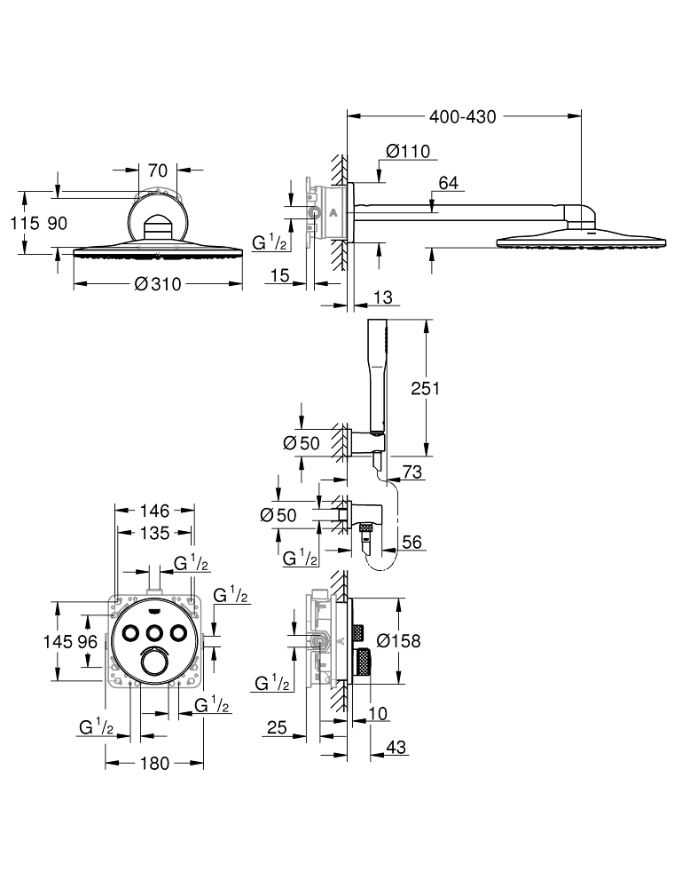 Esquema de cotas del Conjunto de ducha Perfect SMARTCONTROL de GROHE