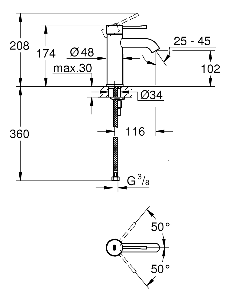 Dimensions du mitigeur monocommande pour lavabo GROHE Essence