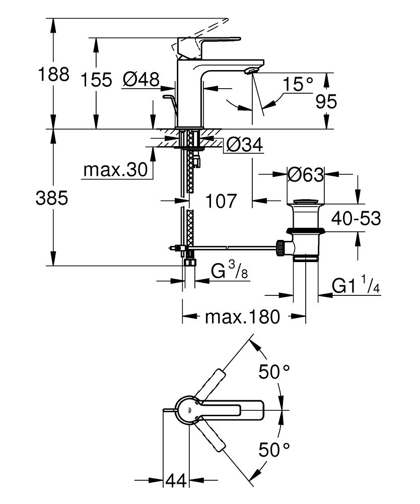 Esquema de cotas del grifo monomando para lavabo LINEARE de GROHE
