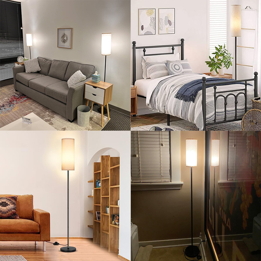 Lampadaire salon moderne avec abat-jour lin en situation d'utilisation