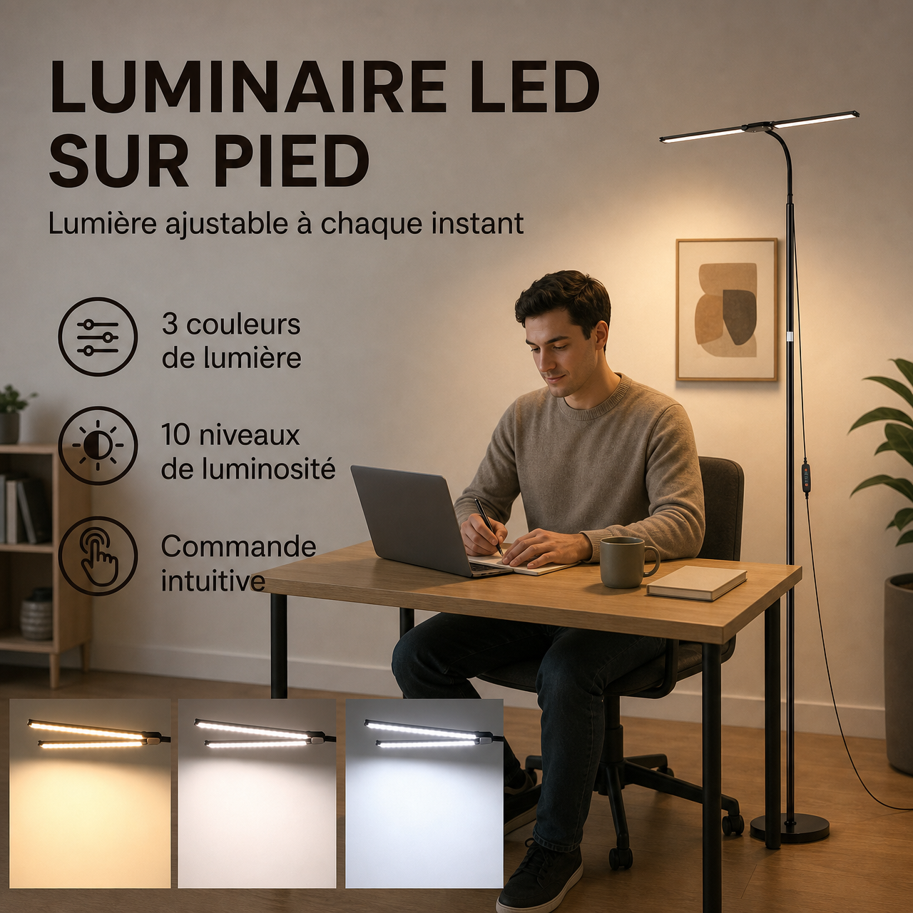 Lampadaire LED double tête – 144 LED – Noir – Protection oculaire