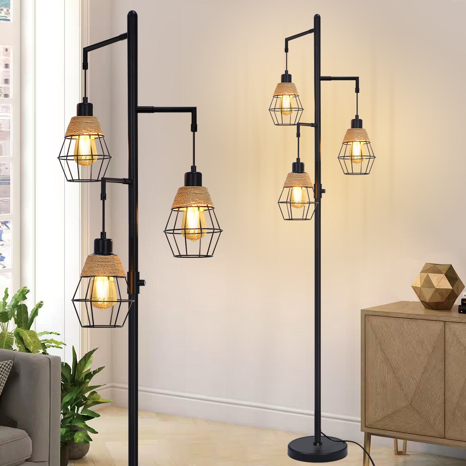 Lampadaire Diamant Industriel - Design cage à 3 abat-jours