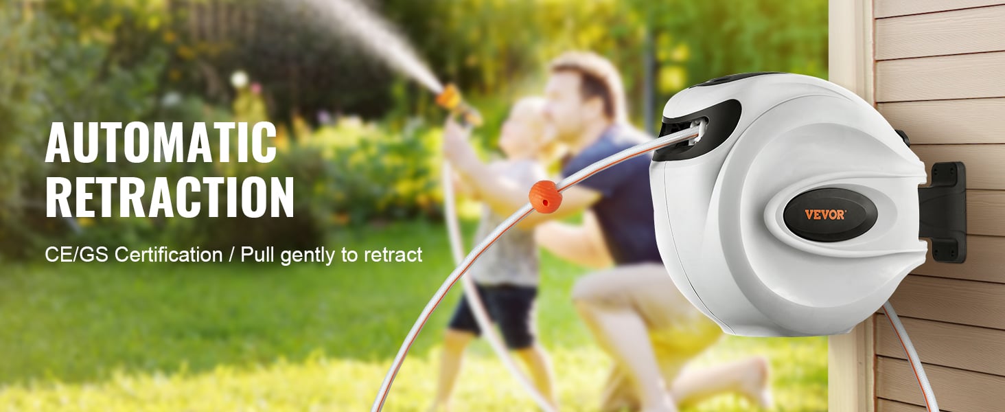 VEVOR Retractable Hose Reel, 82 ft x 1/2 inch, 180° Swivel Bracket Wall- Mounted, Garden Water Hose Reel with 9-Pattern Nozzle and 3 Fast Adaptors, Automatic  Rewind, Lock at Any Length