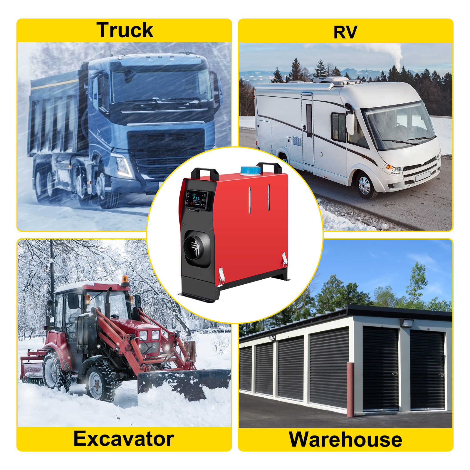 VEVOR-Diesel-Luftheizung für LKW, Wohnmobil, Bagger und Lagerhaus bei Schneefall.
