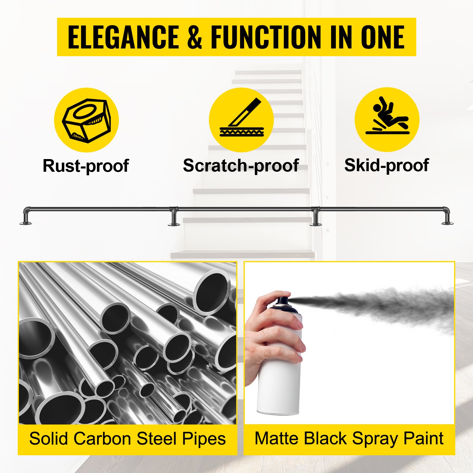 VEVOR Rampe Escalier Murale Main Courante En Acier Carbone Garde-Corps Metal Tube Rambarde Muraux Pour Enfants Personnes Âgees Interieur Exterieur (11ft/3.3m, 0.32CM/200KG) -Mottetch Boutique AAHKMJXYDAFdJAOAIMEbOAchsNwF47gfWWMct1uaXzXJCVIqjjVJLqw