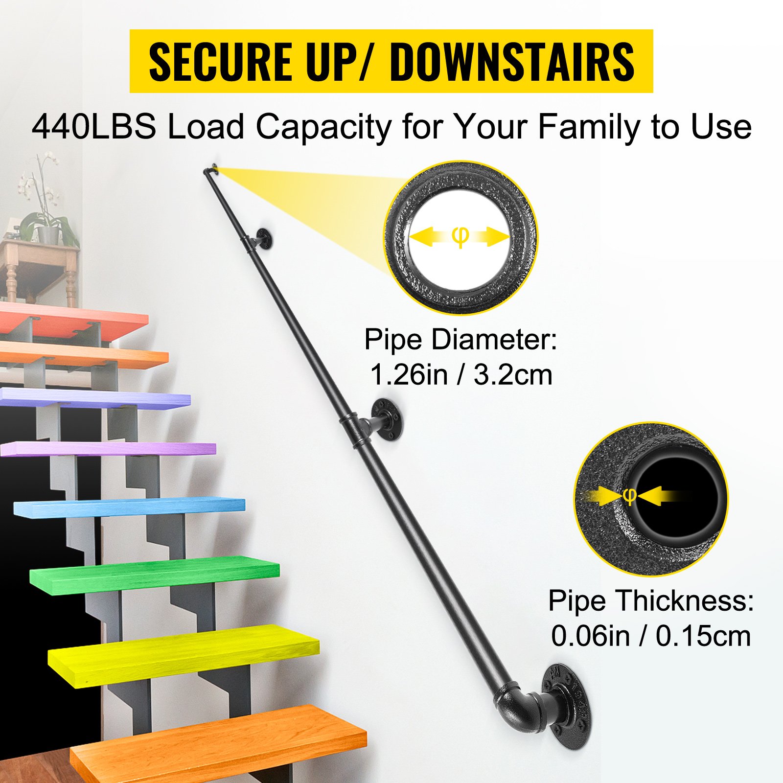 VEVOR Rampe Escalier Murale Main Courante En Acier Carbone Garde-Corps Metal Tube Rambarde Muraux Pour Enfants Personnes Âgees Interieur Exterieur (11ft/3.3m, 0.32CM/200KG) -Mottetch Boutique AAHKMJXYDAFdJAOAIMEbOAchsNwF47gfWWMct1uaXzXJCVIqjjVJLqw