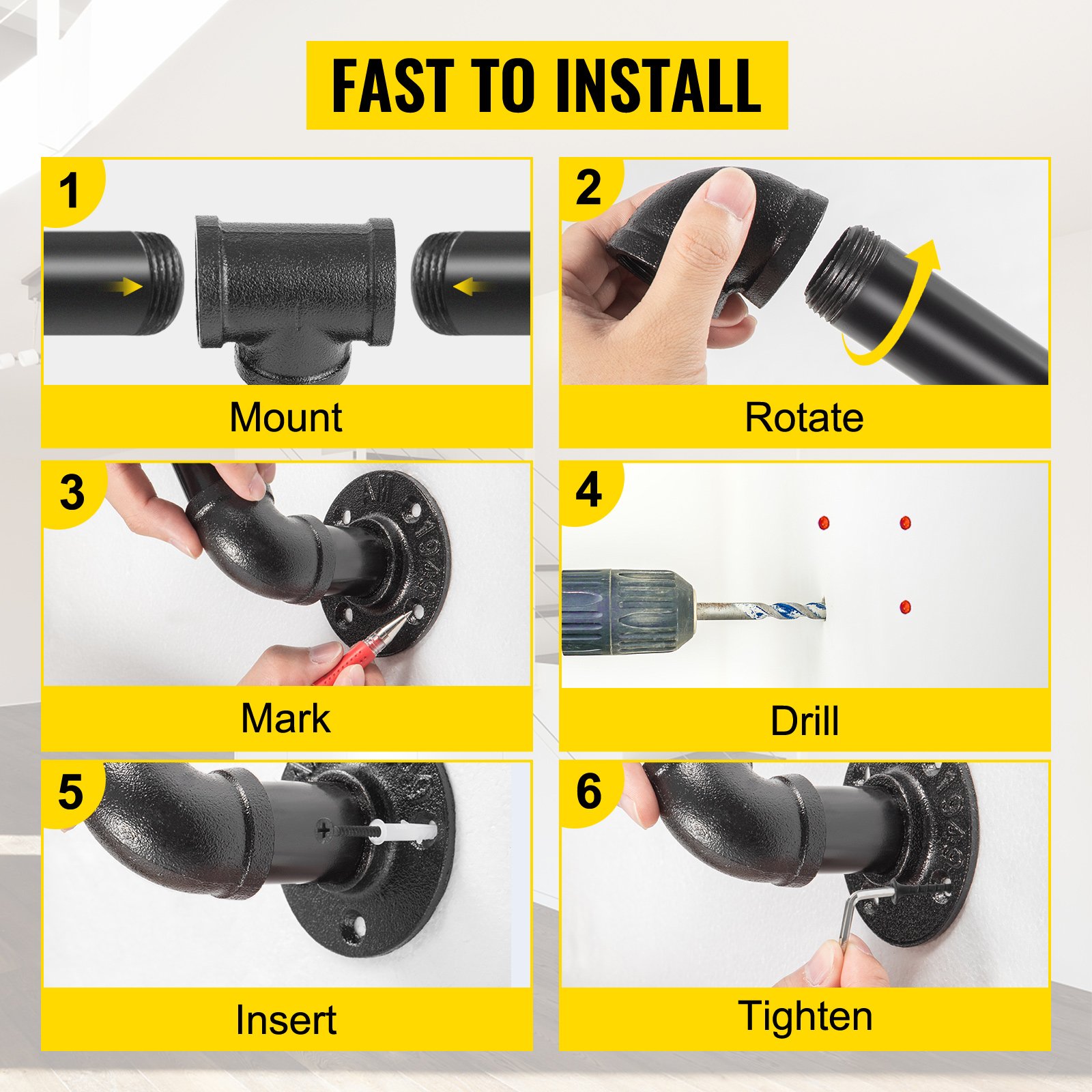 VEVOR Rampe Escalier Murale 1,52m Main Courante Acier Carbone Garde-Corps Metal Capacite Charge 200 Kg/Tube Rambarde En 2 Tubes 32 Mm 3 Supports Muraux Pour Enfants Personnes Agees Interieur Exterieur -Mottetch Boutique AAHKMJXYDAFdJAOAIMEbOAchsNwF47gfWWMct1uaXzXJCVIqjjVJLqw