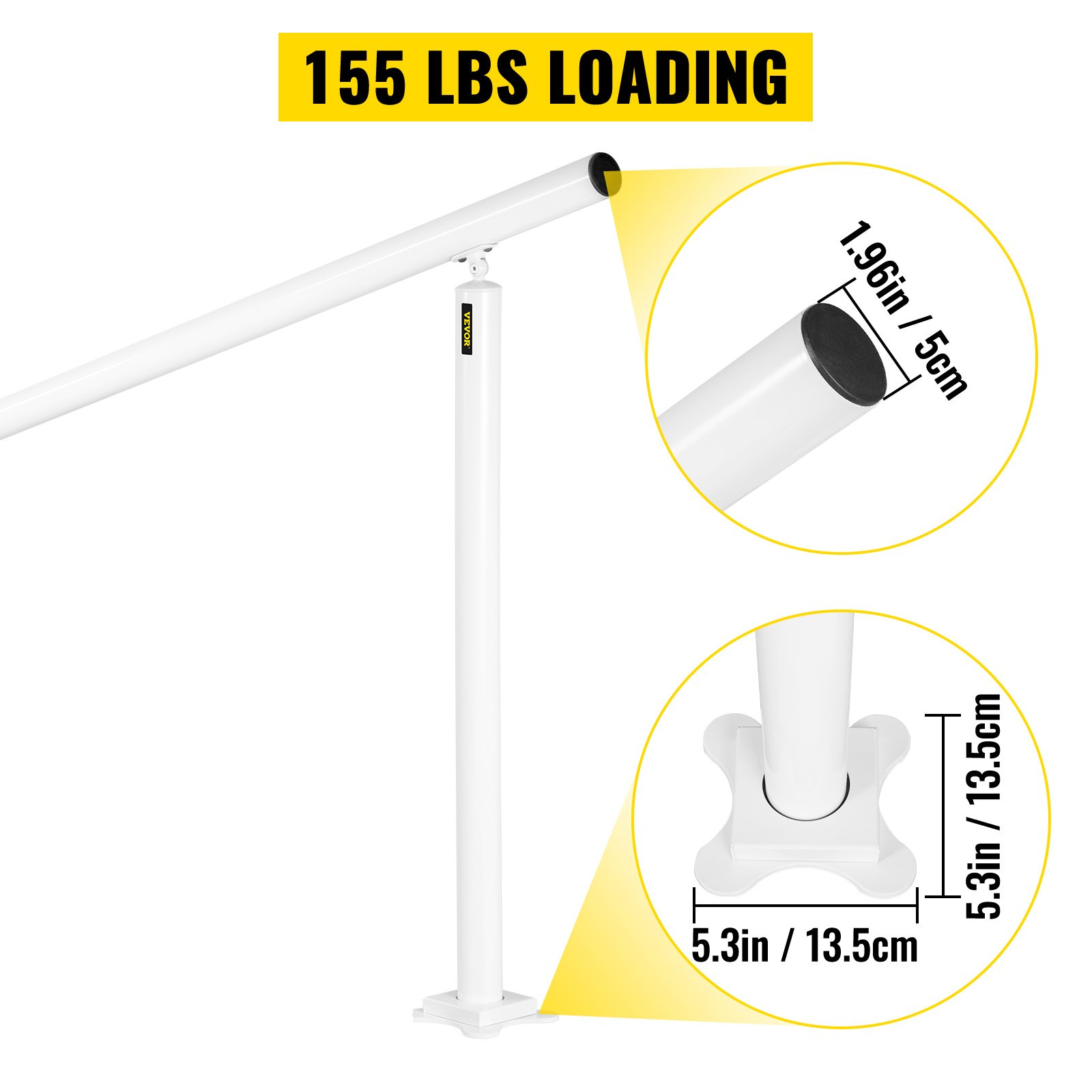 VEVOR Kit di Corrimano per Scale da Esterno Interno Bianco in Alluminio  Adattabile 0-5 Gradini, Corrimano con Palo Doppio Lunghezza 152,8cm Altezza  91cm Massimo 5 Gradini, Corrimano in Allumino Bianco