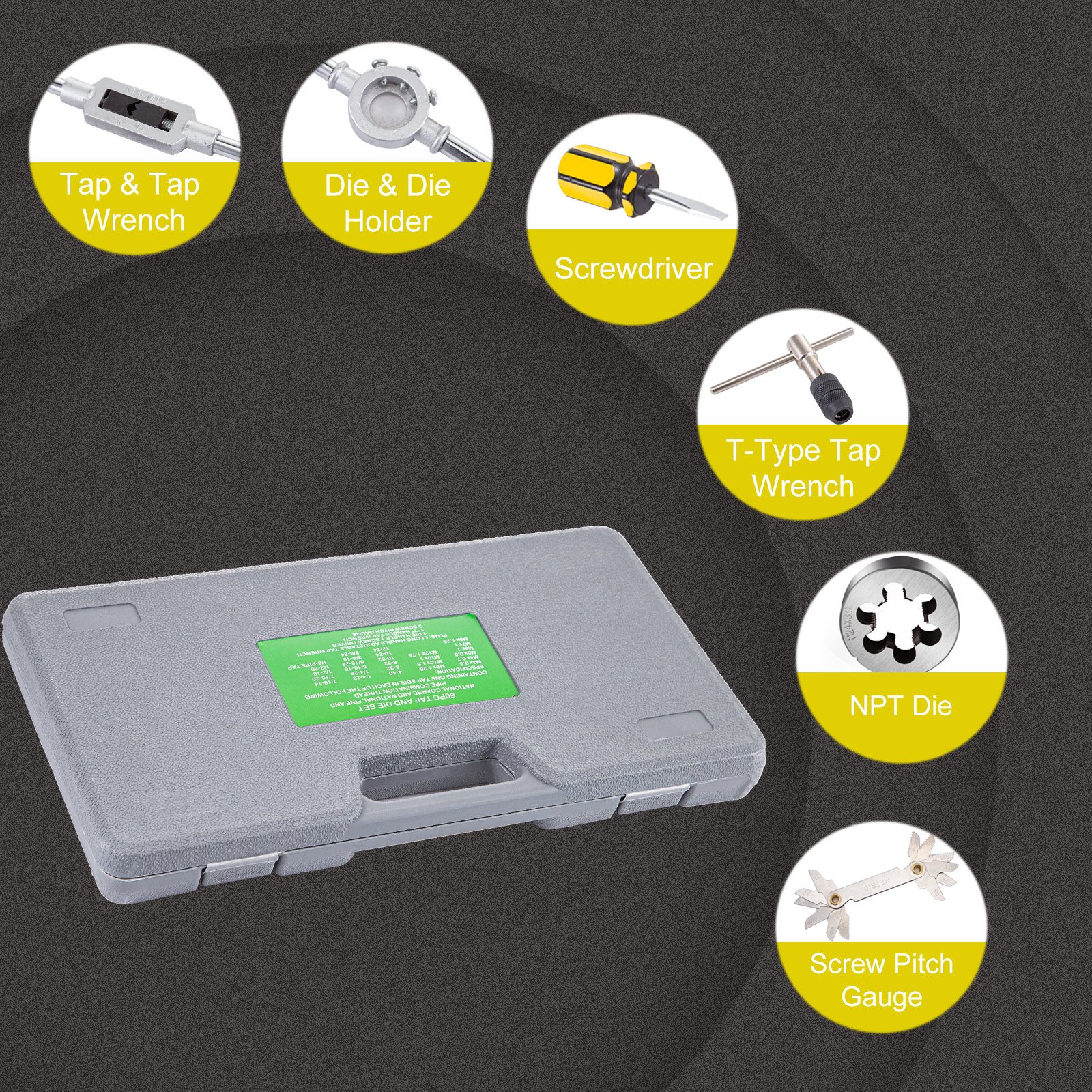 VEVOR Set Maschi E Filiere Per Filettatura 60 Pezzi Filettatura E Maschiatura Maschi E Filiere Professionali In Acciaio Al Carbonio Per Macchine Utensili, Moduli Di Precisione, Trasformatori Di Tensio -Negozio al dettaglio Ks Tools || No name || Beta AAHKMJXYDAFdJAOAIMEbOAchsNwF47gfWWMct1uaXzXJCVIqjjVJLqw