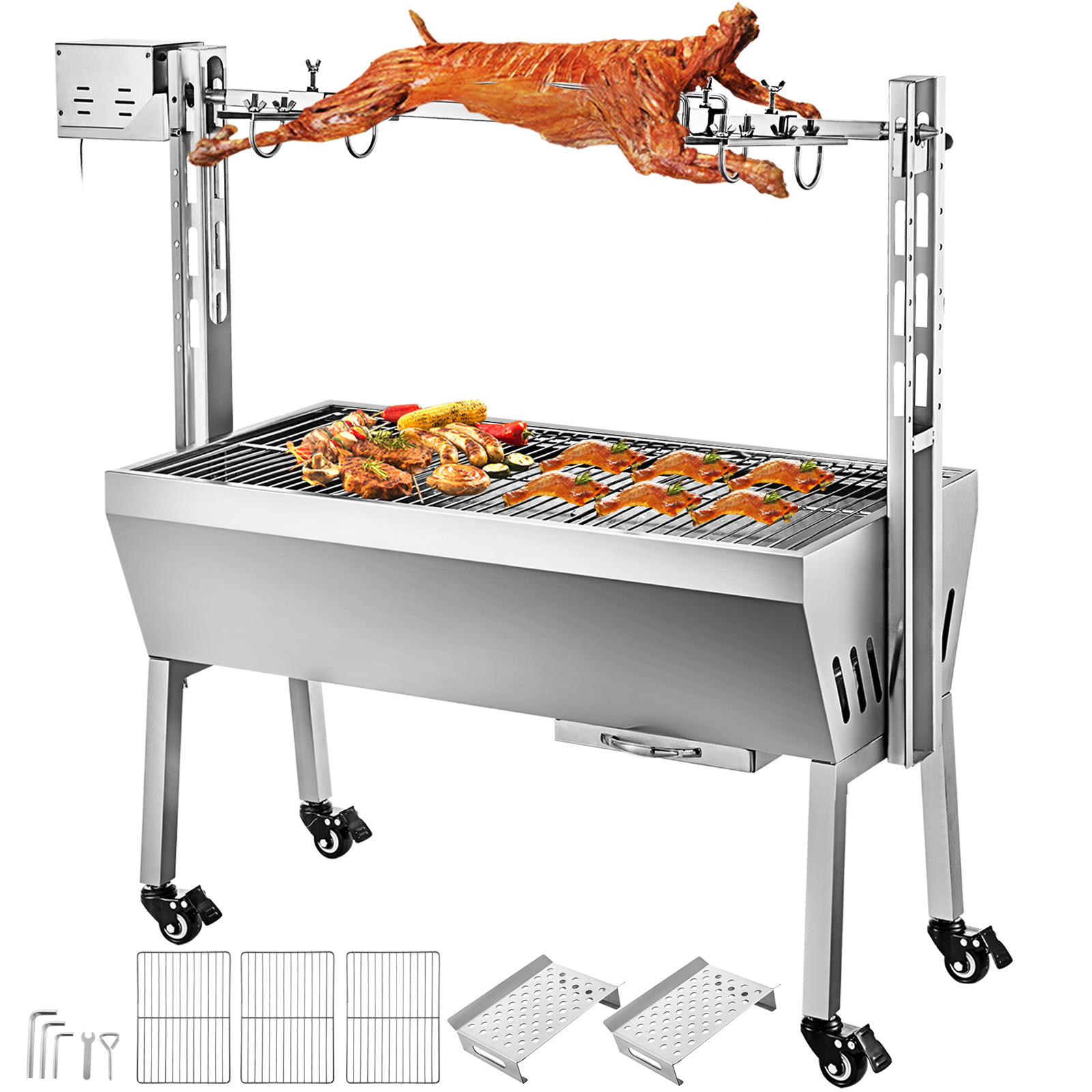 Tournebroche électrique 80 Cm – Pour Barbecue à Gaz – Fourchettes Inclues – Acier Inoxydable – 220-240V