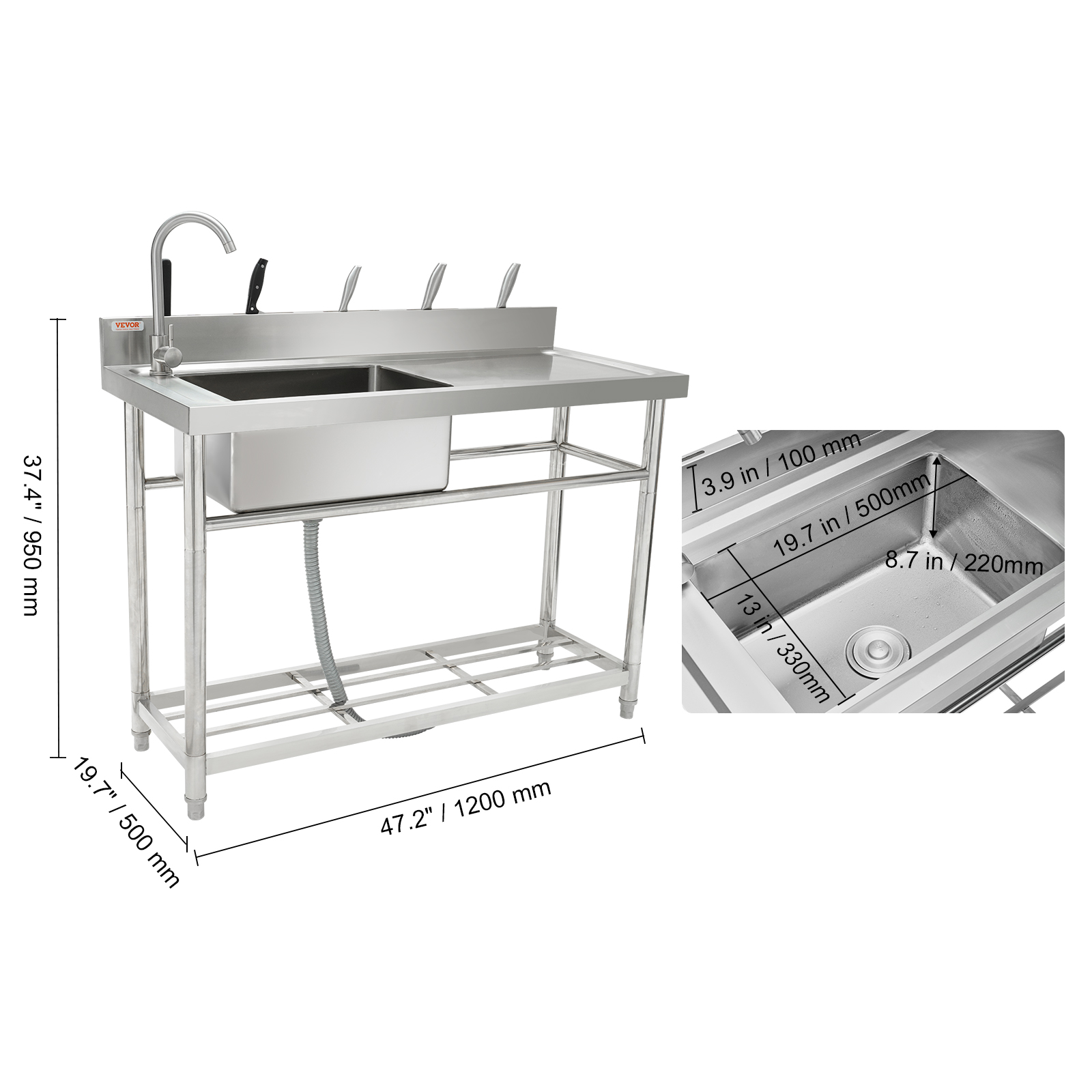 VEVOR Stainless Steel Utility Sink, Free Standing Single Bowl ...