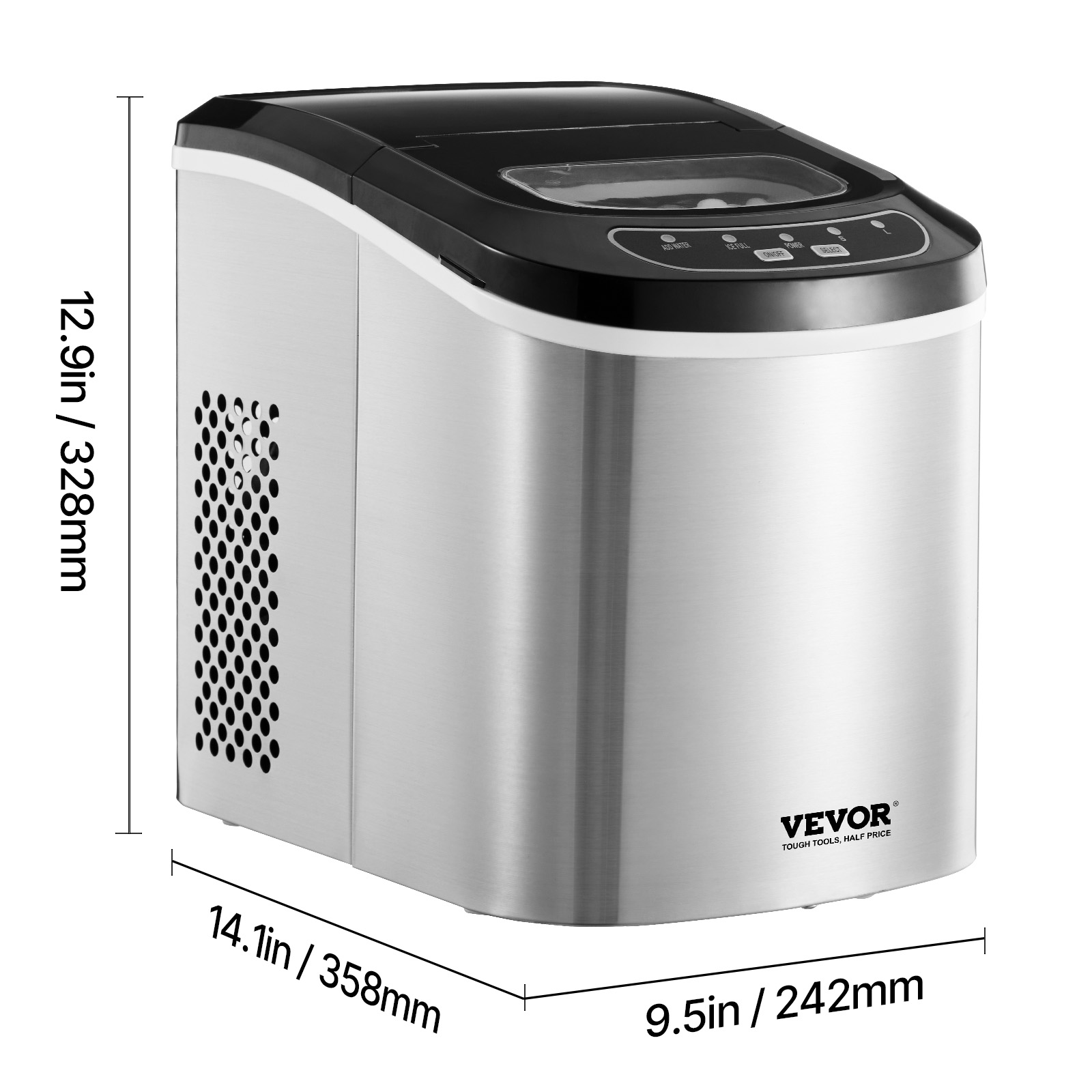 VEVOR Kommerzielle Eismaschine 56 Kg/24h – 15 Kg Lagerkapazität, 60 Eiswürfel, Edelstahl, Inkl. Filter & Schaufel