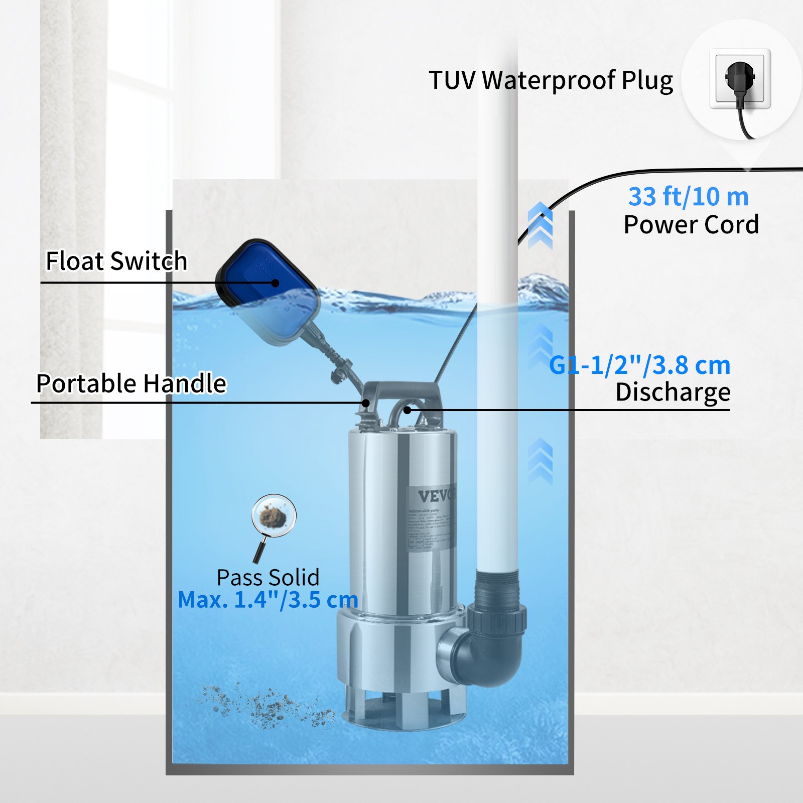 VEVOR VEVOR Bomba Sumergible de Aguas Residuales 1300W 1,75HP Bomba de Agua  Sumergible Flujo Máximo de 333,3L/min Bomba de Agua Sucia Elevación Máxima  de 11m para Bombear Agua de Piscinas, Sótanos, Estanque