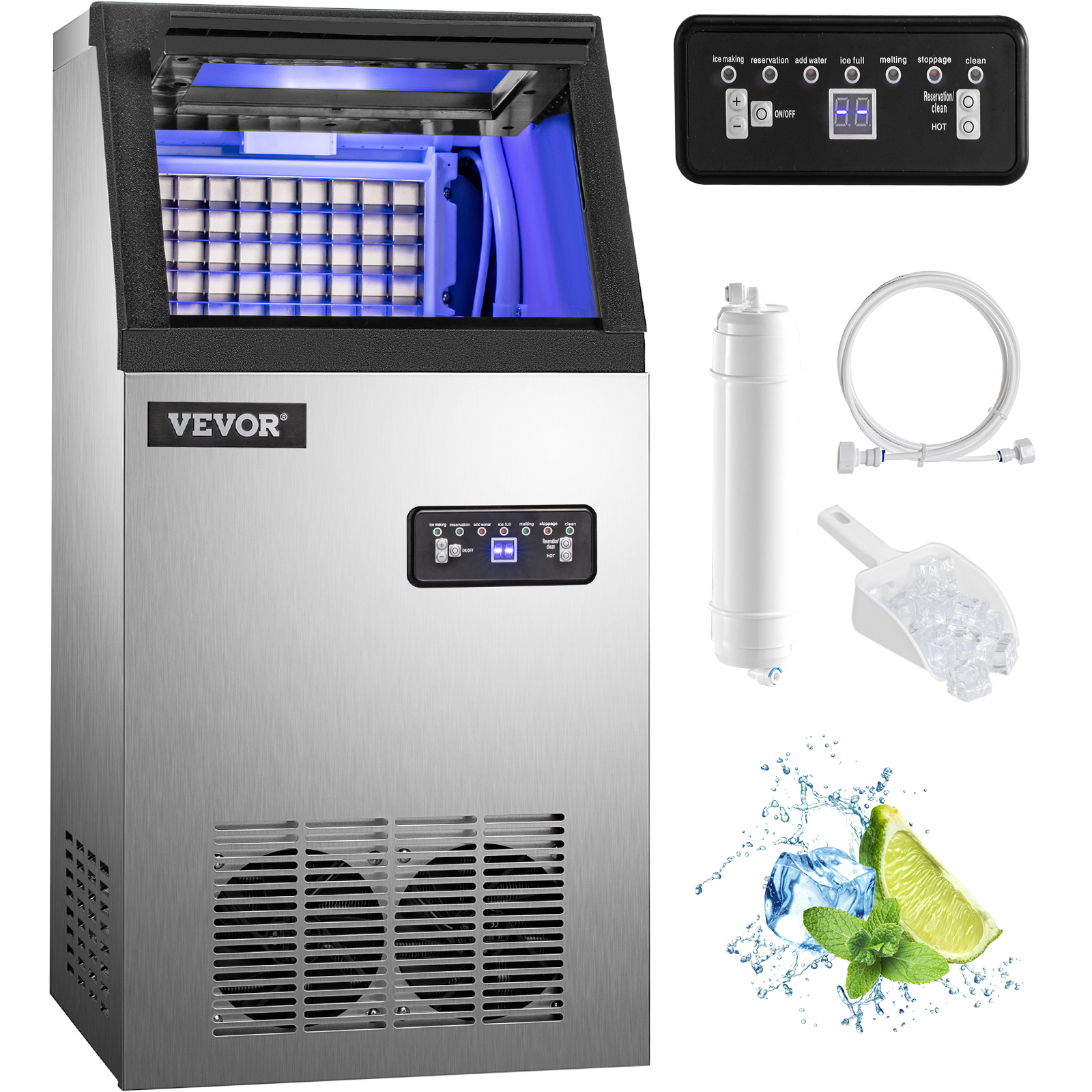 Macchina per il ghiaccio commerciale VEVOR con accessori tra cui filtro e pala per ghiaccio.
