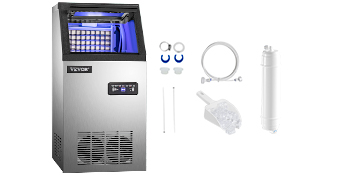 Macchina per il ghiaccio commerciale VEVOR con accessori tra cui pala, filtro e tubi flessibili.