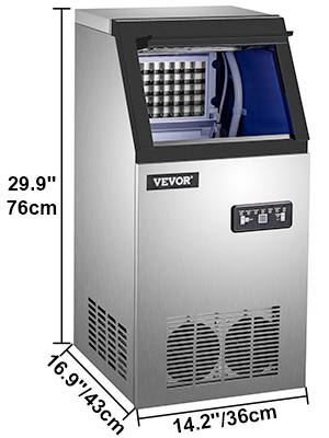 Macchina per il ghiaccio commerciale VEVOR con display e dimensioni: 29,9 x 16,9 x 14,2 pollici.