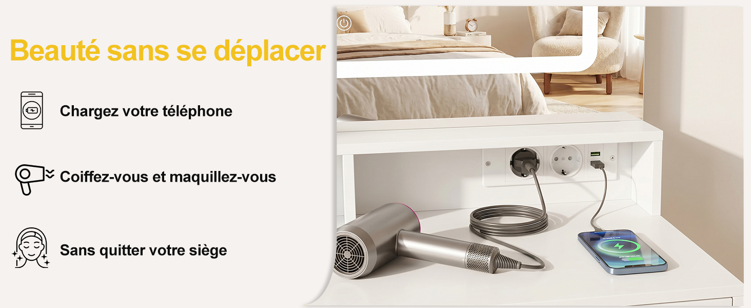 Coiffeuse avec prises électriques et fonction USB