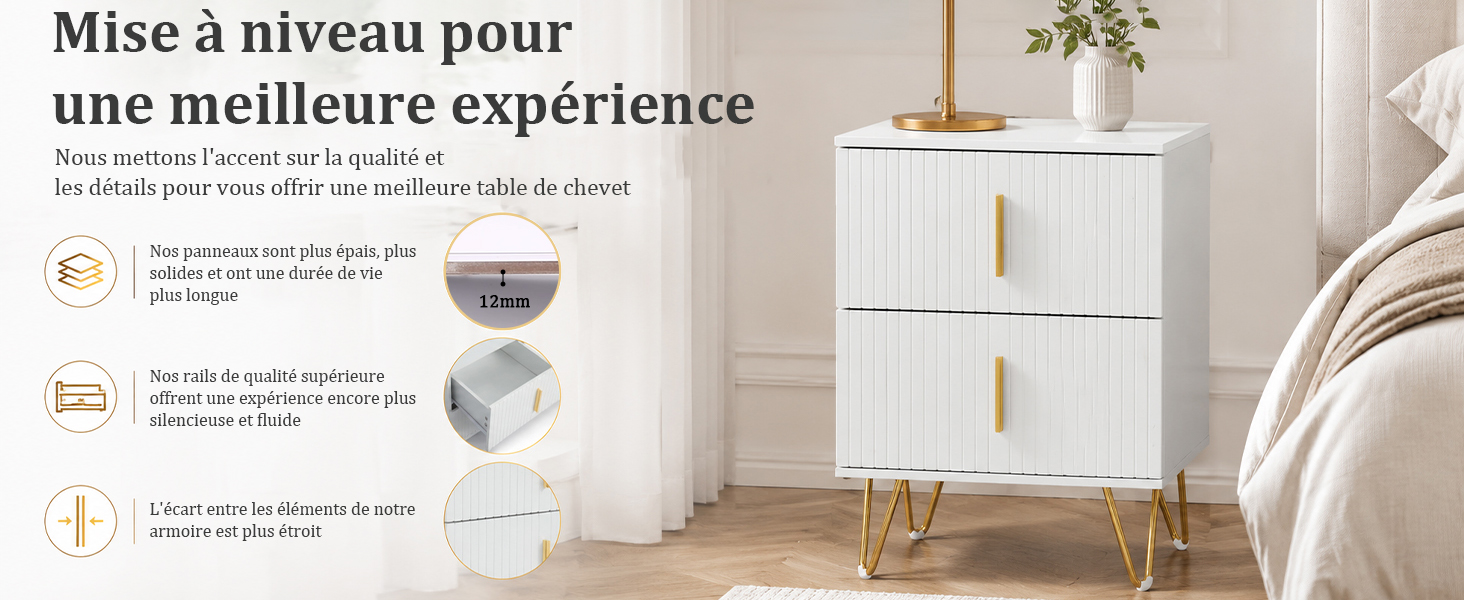 Table de chevet en bois massif avec panneaux de 12 mm et tiroirs à rails métalliques