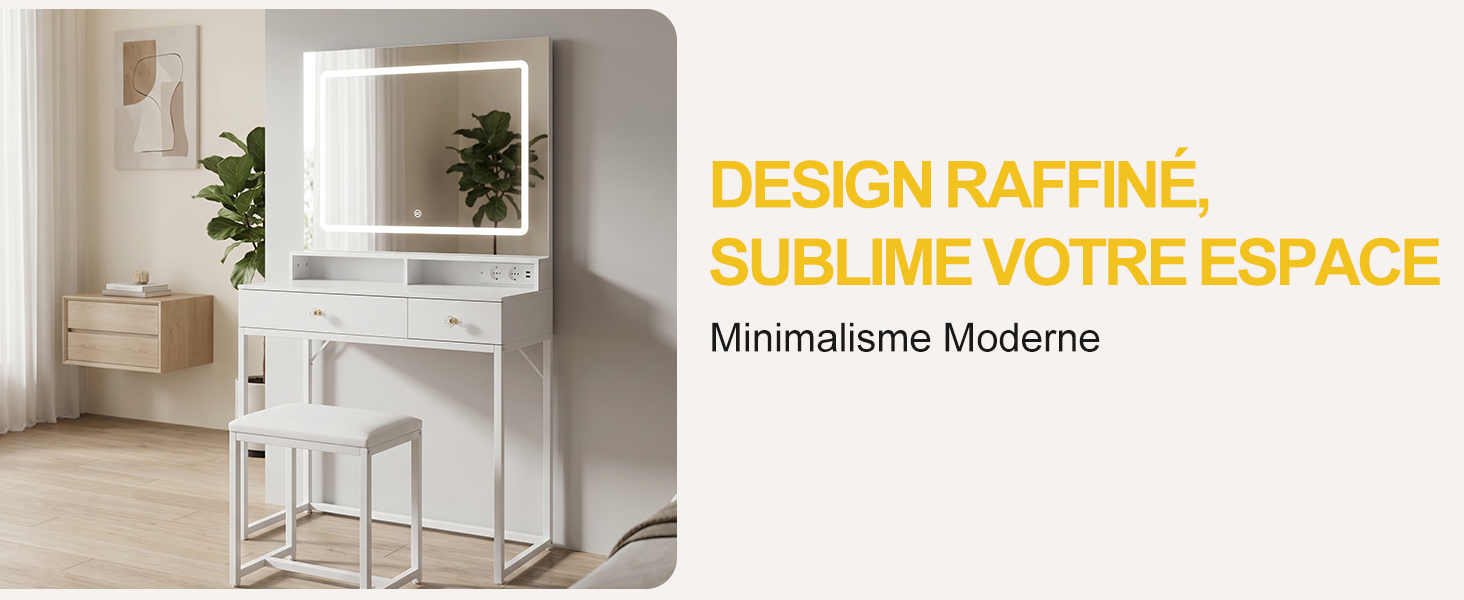Coiffeuse blanche moderne avec miroir LED et tabouret
