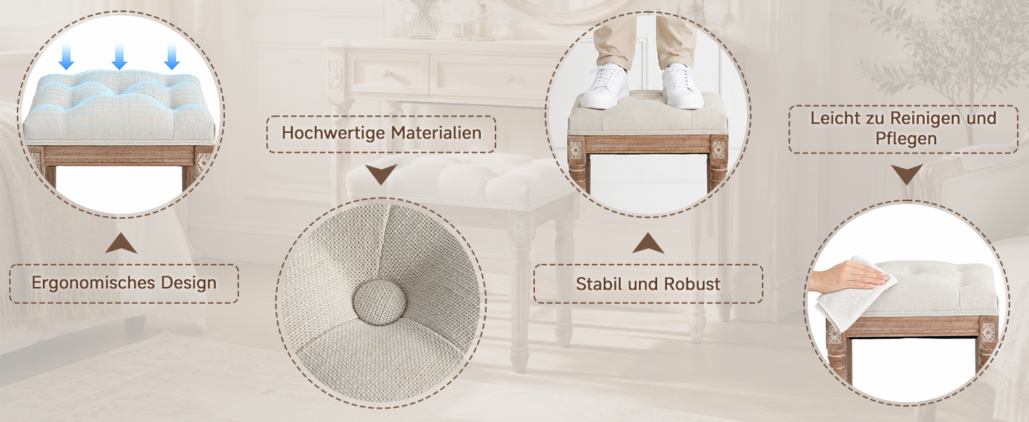Details zu Polsterung, Materialien und stabilem Rahmen des Schminkhockers