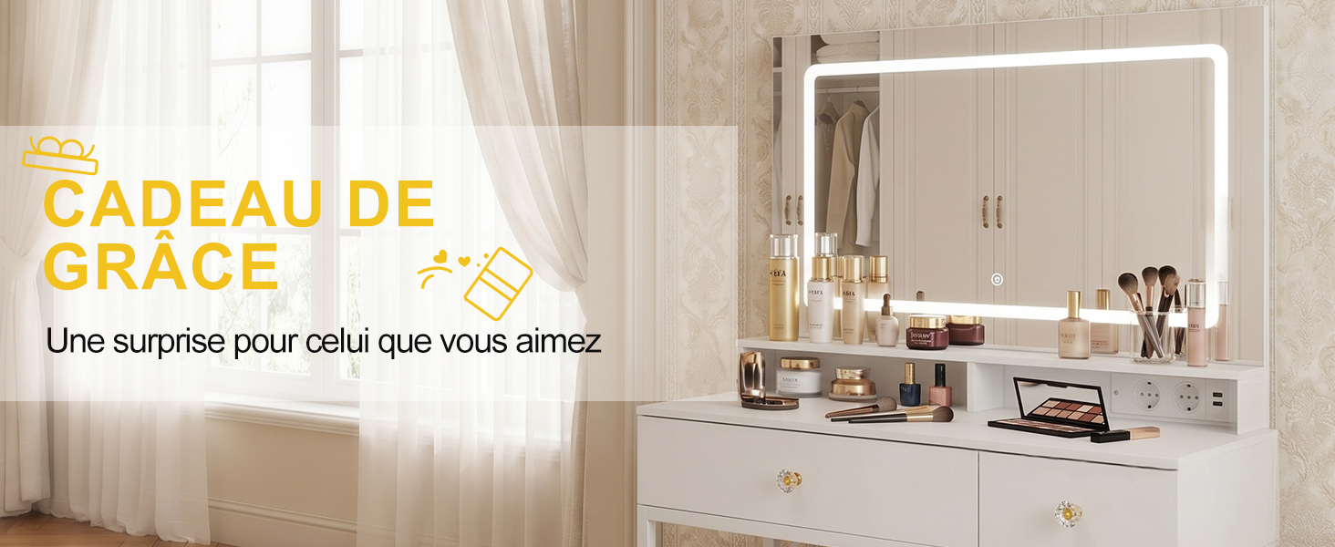 Coiffeuse avec miroir LED et espace beauté