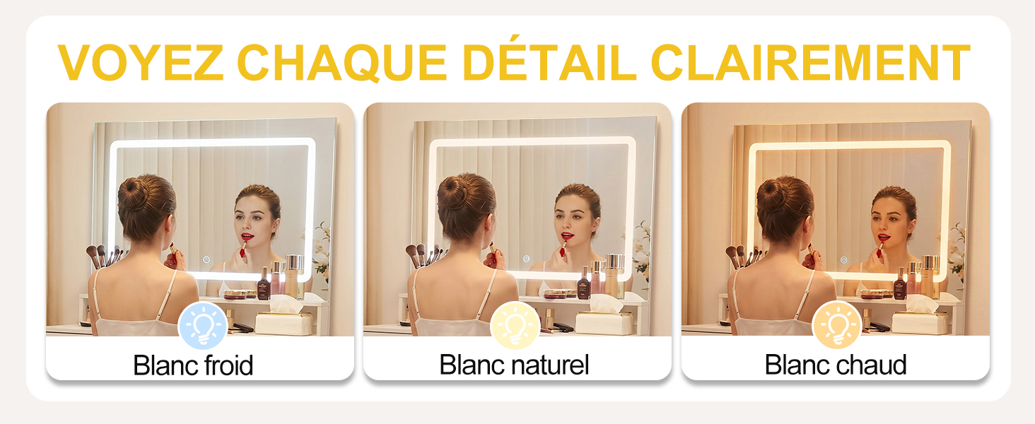 Miroir LED avec lumière chaude naturelle et froide