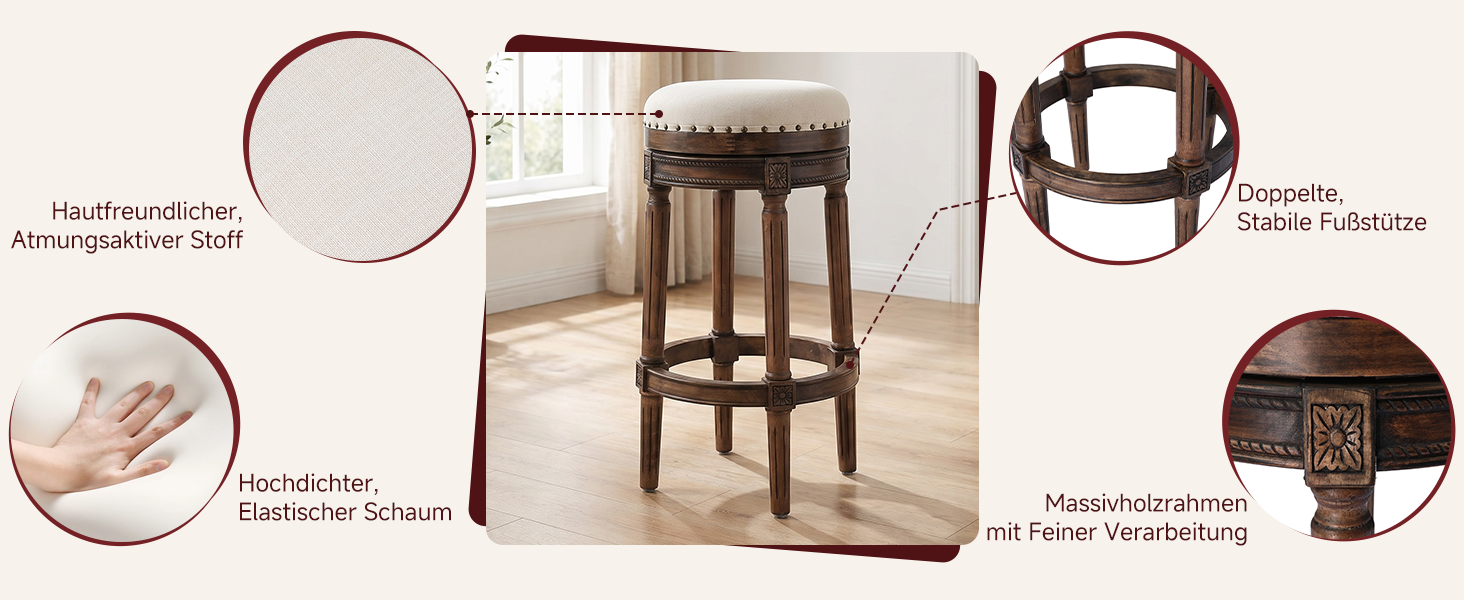 HomeMiYN Barhocker mit Polsterung, Fußstütze und Massivholzrahmen