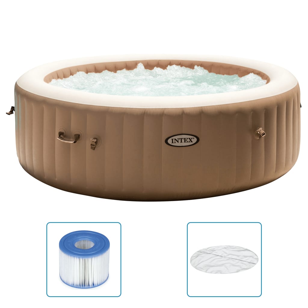 Outsunny 4 Person Inflatable Portable Hot Tub Outdoor Round Heated Spa with  108 Jets, Pump, Cover, Filter Cartridges, Brown for w/ External