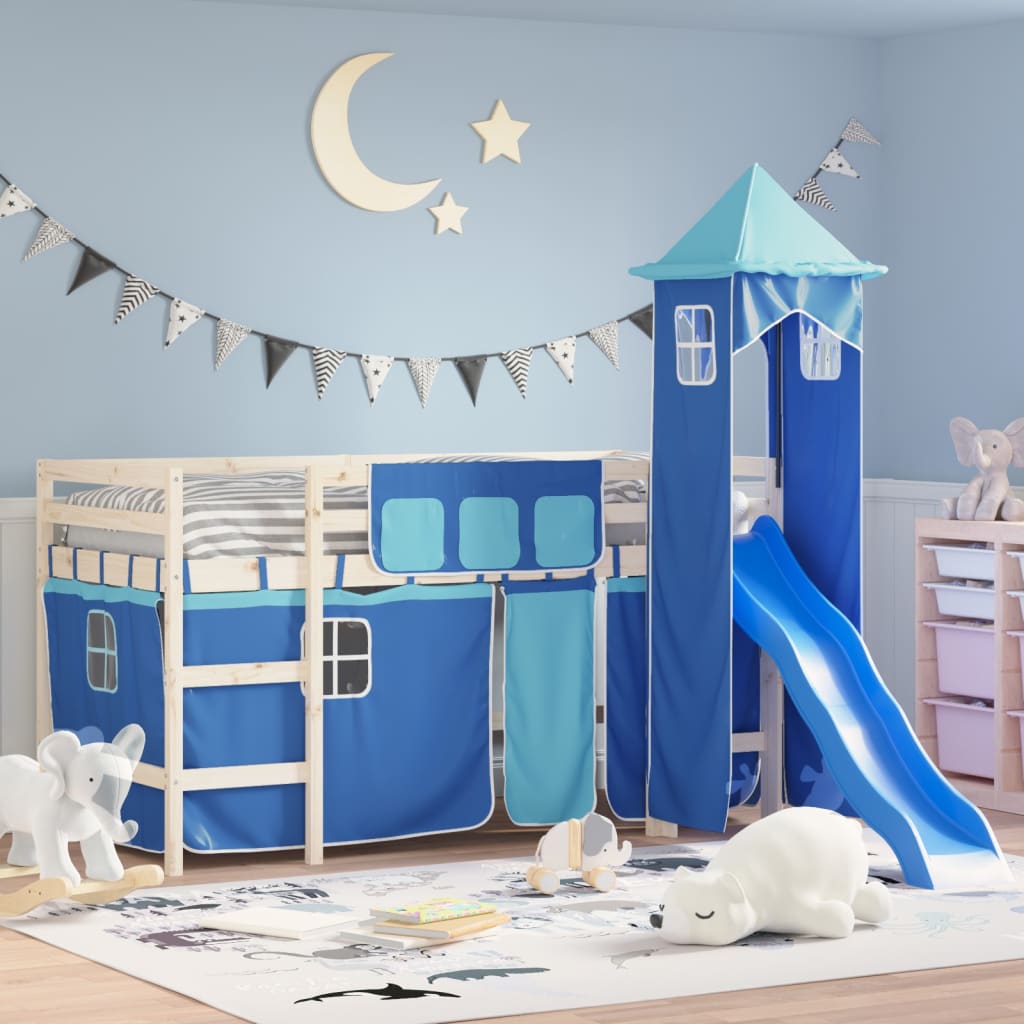 Lit Mezzanine Enfants Avec Tour Bleu 90x190 Cm Bois Pin Massif HAO
