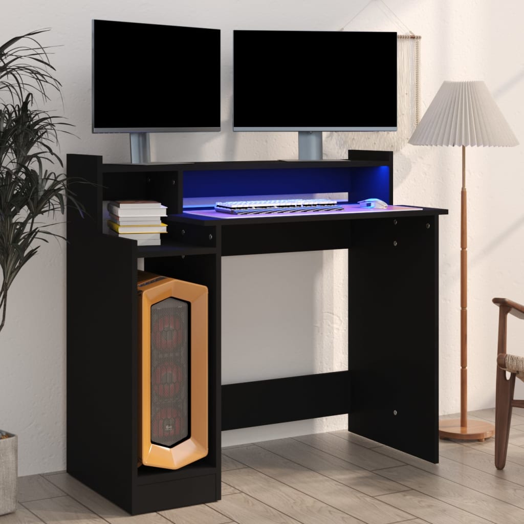 Scrivania，Scrivania da Studio，Tavolo Porta PC per Computer con Luci LED  Nera 97x45x90 cm in Legno Multistrato XZZ876534 MaisonChic