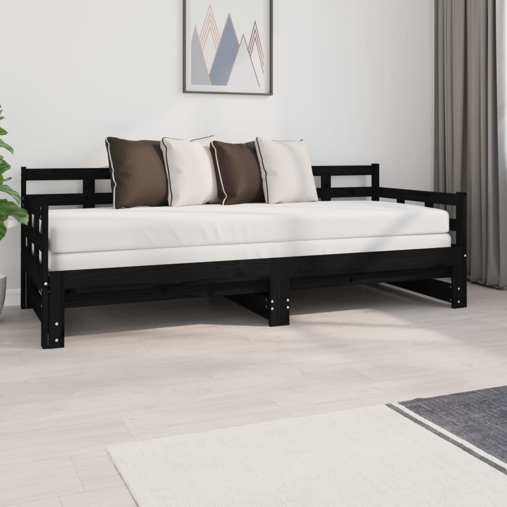 Letto matrimoniale Moderno Struttura Letto Dormeuse Estraibile Nera in  Legno Massello di Pino 2x(80x200)cm ITD70964