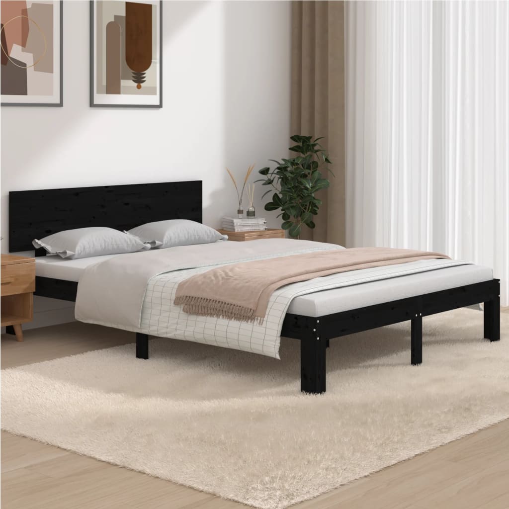 Cama Moderno Estructura de Cama para adulto de madera maciza negra 150x200  cm ES14396A