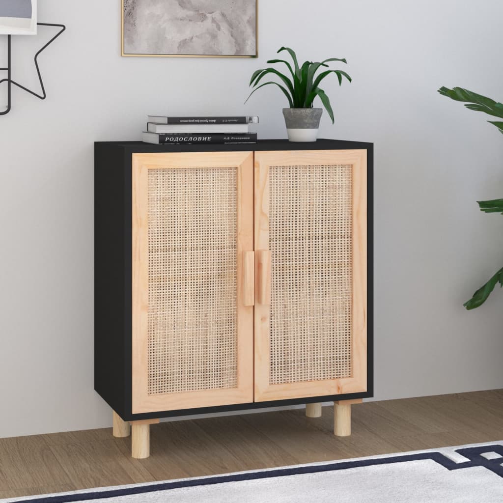 Credenza alta in legno con 6 scomparti - 2 ante in rattan e vetro - stile  country - naturale