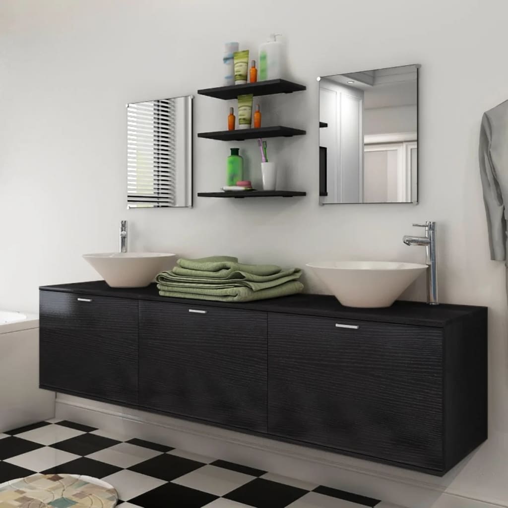 vidaXL Conjunto de Muebles de Baño y Lavabo 8 Piezas Negro - Negro